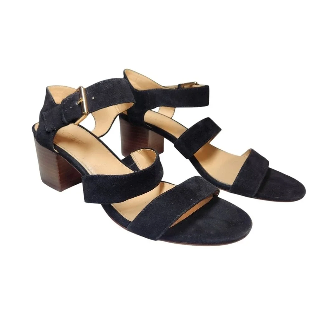 J Crew Three Strap‎ Suede Sandal Block Heel Black Ankle Strap Gold Buckle Prep 9